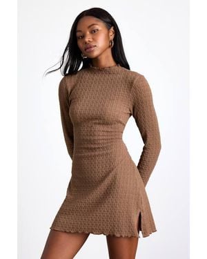 Lulus Flattering Forecast Textured Long Sleeve Mini Dress - Brown