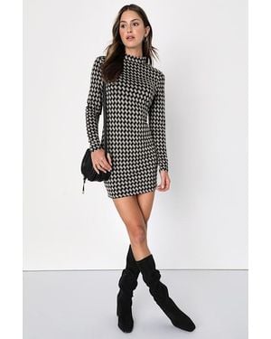 Lulus Cool Girl Status Print Mock Neck Long Sleeve Mini Dress - Black