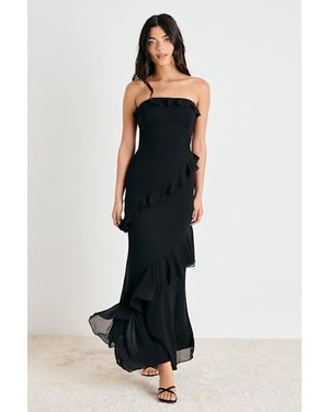 Lulus Dramatic Allure Ruffled Cutout Strapless Maxi Dress - Black