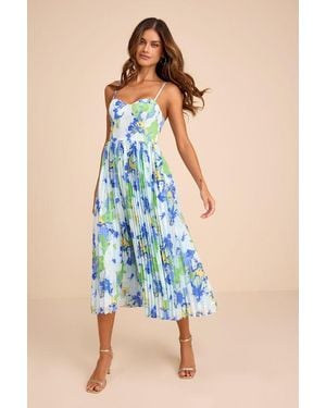 Lulus Dorothy Multi Floral Print Pleated Midi Dress - Blue