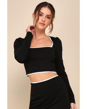 Lulus Fashionable Poise Colour Block Cutout Long Sleeve Crop Top - Black