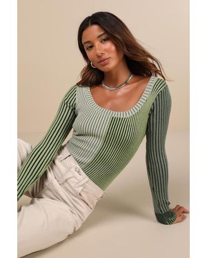 Lulus Mod Cutie Color Block Ribbed Long Sleeve Bodysuit - Green