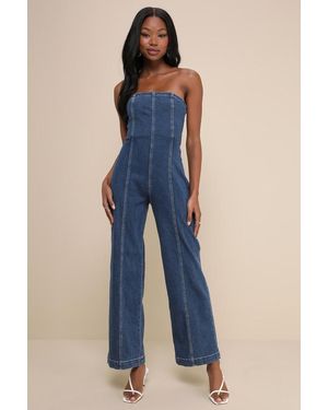 Rare London Pretty Iconic Medium Wash Denim Strapless Wide-Leg Jumpsuit - Blue