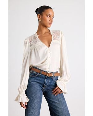 Lulus Atwood Textured Lace Long Sleeve Button-Front Top - White