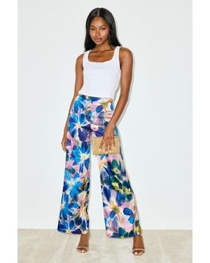 Lulus Thriving Vibes Floral Print Satin Wide-Leg Trousers - Blue