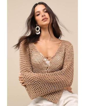 Lulus Saray Loose Crochet Knit Lace-Up Jumper Crop Top - Brown