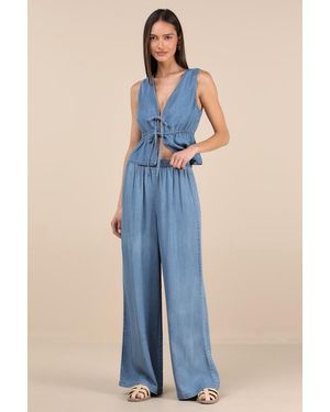 Lulus Maldwyn Chambray High-Rise Wide-Leg Trousers - Blue