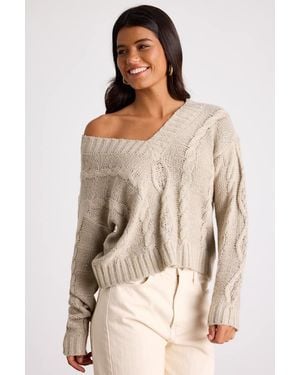 Lulus Ewan Sequin Cable Knit V-Neck Jumper - Natural
