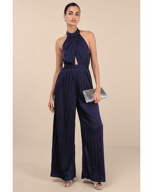 Lulus Confident Impression Satin Pleated Halter Jumpsuit - Blue