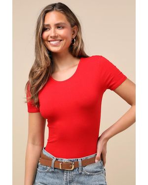 Lulus Basics Kinship Ribbed Bodysuit - Red