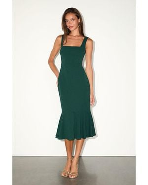 Lulus Moment Maker Emerald Square Neck Trumpet Midi Dress - Green