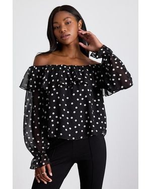 Lulus Albright Polka Dot Off-The-Shoulder Long Sleeve Top - Black