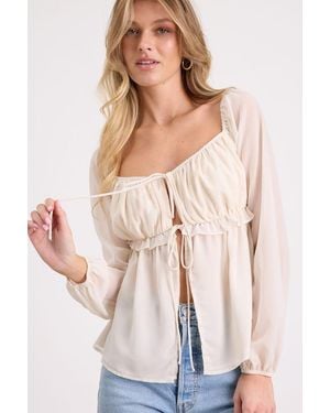 Lulus Lemmie Chiffon Tie-Front Long Sleeve Top - Natural