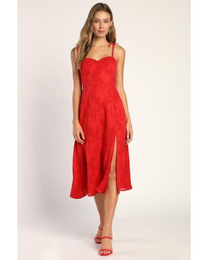 Lulus Loveliest Looks Floral Jacquard Tie-Strap Midi Dress - Red