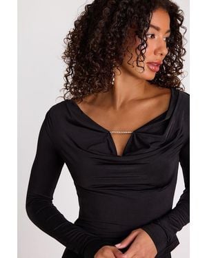 Lulus Zeffie Cowl Neck Rhinestone Long Sleeve Top - Black
