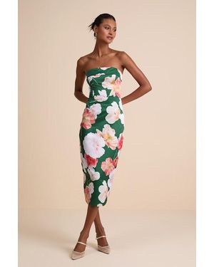 Lulus Oriana Floral Satin Strapless Midi Dress - Natural