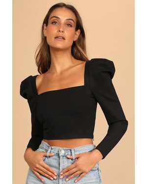 Lulus A Little Flirtation Puff Shoulder Crop Top - Black