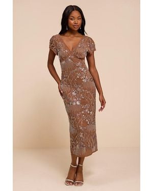 Lulus Angelila Sequin Beaded Short Sleeve Midi Dress - Natural