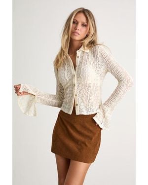Lulus Malisa Cream Textured Lace Button-Front Long Sleeve Top - Natural