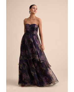 Lulus Truly Extraordinary Floral Organza Strapless Maxi Dress - Black