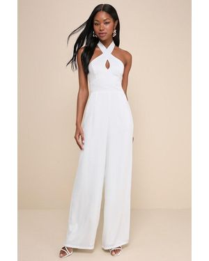 Lulus Constantly Copied Satin Cross-Front Halter Jumpsuit - Natural
