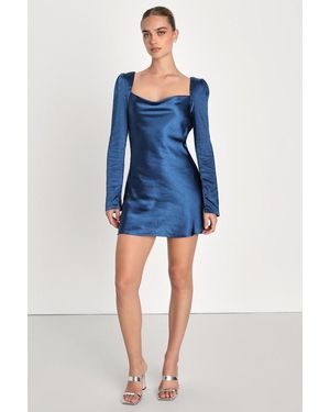 Lulus Adoring Charm Satin Long Sleeve Backless Mini Dress - Blue