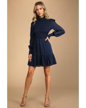 Lulus Heartful Romance Striped Smocked Long Sleeve Mini Dress - Blue