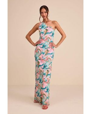 Lulus Mikesha Multi Abstract One-Shoulder Sash Maxi Dress - Natural