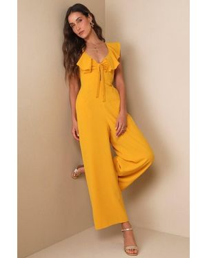 Lulus Flawless Life Marigold Ruffled Cutout Cropped Jumpsuit - Yellow
