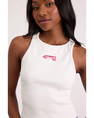 Lulus Going Swimmingly Beaded Graphic Tank Top - Pink