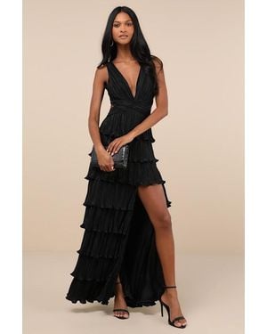 Lulus Beauty Icon Satin Pleated Tiered Lace-Up Maxi Dress - Blue