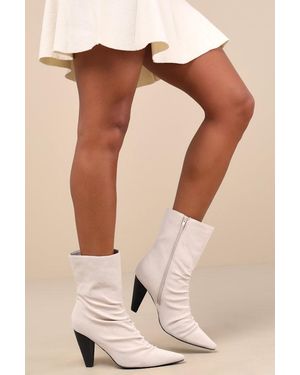 Lulus Klint Bone Suede Ruched Pointed-Toe Ankle Boots - White