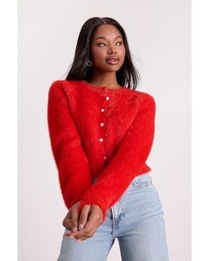 Lulus Arinda Eyelash Knit Button-Up Cardigan - Red