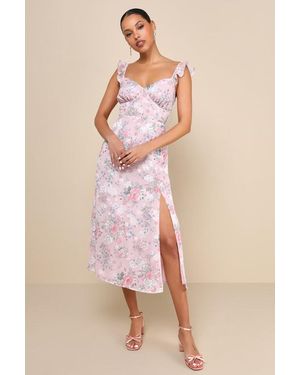 Lulus Delightful Direction Blush Floral Ruffled Tie-Strap Midi Dress - Pink