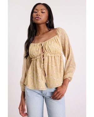Lulus Lemmie Floral Chiffon Tie-Front Long Sleeve Top - Blue