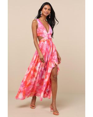 Lulus Elisanna Multi Floral Lace-Up Midi Dress - Pink