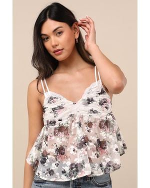 Lulus Alinor Floral Sheer Babydoll Tank Top - White