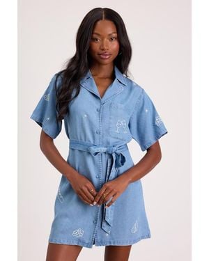 Lulus Neila Light Wash Denim Embroidered Mini Dress - Blue