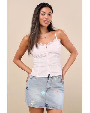 JACQUIE THE LABEL Mila Light Wash Floral Embroidered Denim Mini Skirt - Blue