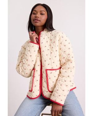 Lulus Bundled Perfection Cream Cherry Print Quilted Puffer Jacket - White