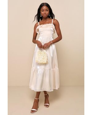 Lulus Heavenly Essence Cream Organza Tiered Ruffled Midi Dress - Natural