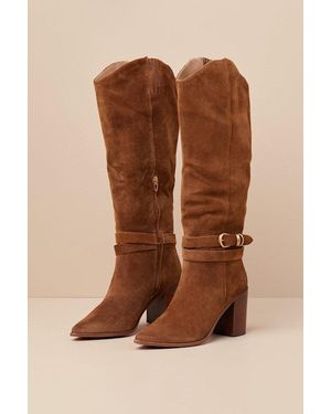 Dolce Vita Tyrone Wide Calf Suede Buckle Pointed-Toe Knee-High Boots - Brown