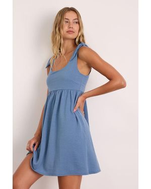 Lulus Cute Certainty Slate Textured Ribbed Knit Tie-Strap Mini Dress - Blue