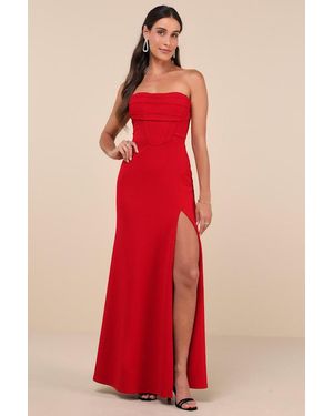 Lulus Spellbinding Allure Bustier Strapless Mermaid Maxi Dress - Red