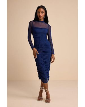 Lulus Impressive Flirt Mesh Ruched Mock Neck Midi Dress in Green | Lyst