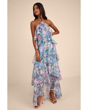 Lulus Melody Floral Tiered Halter Maxi Dress - Blue