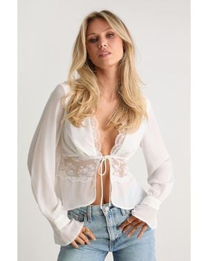 Lulus Irelynn Lace Long Sleeve Tie-Front Top - White