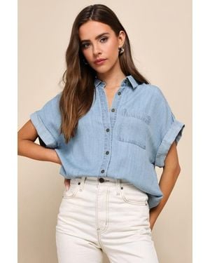 Lulus Consistently Confident Chambray Collared Button-Up Top - Blue
