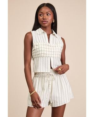 Lulus Clarette Light Striped Pleated Collared Top - Natural