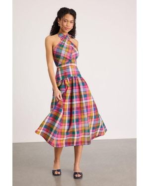Lulus Rynna Multi Plaid Cross-Front Halter Midi Dress - Red